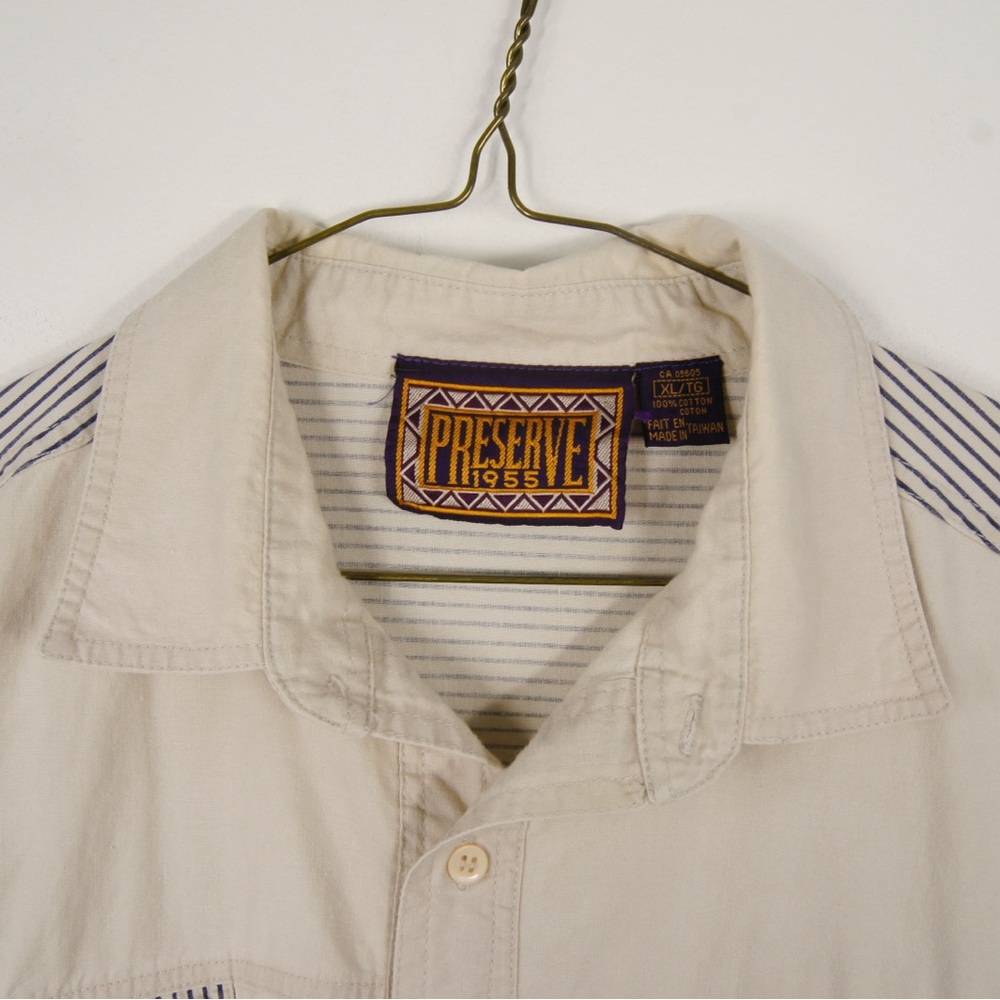 Vintage 90s Light Khaki Western Beige Blue Stripe Short Sleeve Button Up Shirt - Picture 4 of 4